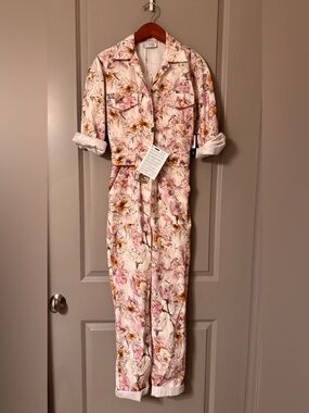 Rebecca Vallance Floral-Trim Utility Jumpsuit in Blush Size XS